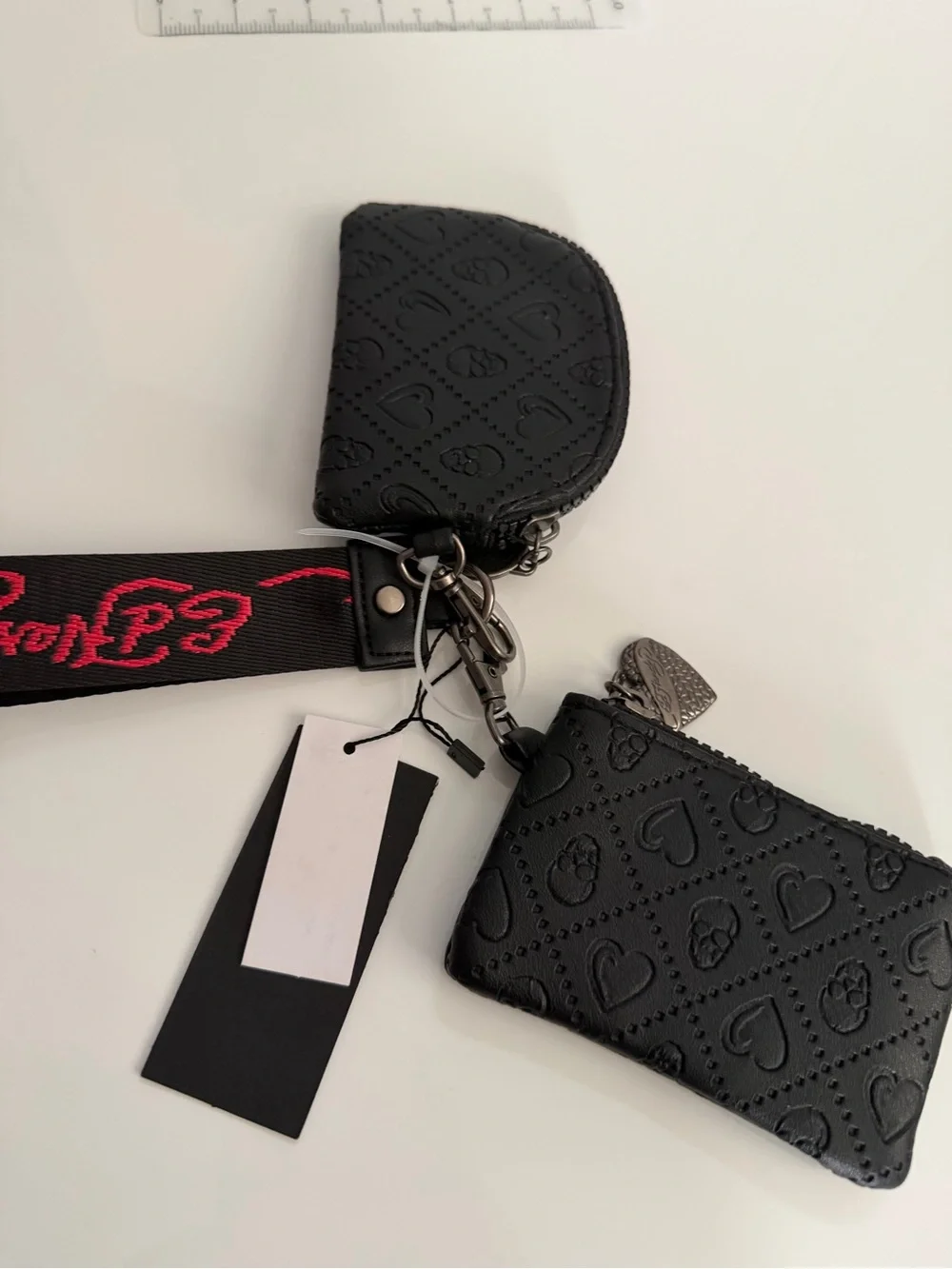 Ed Hardy Black Faux Leather Detachable Wristlet Keychain Pouch Hearts Skulls